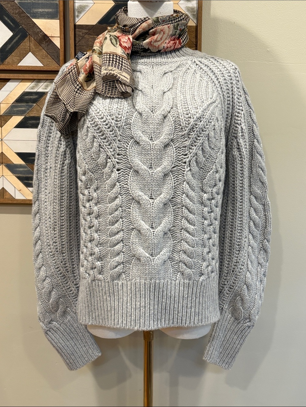 Banana Republic Cashmere Cable Knit Mockneck Sweater Light Grey Heather Small
